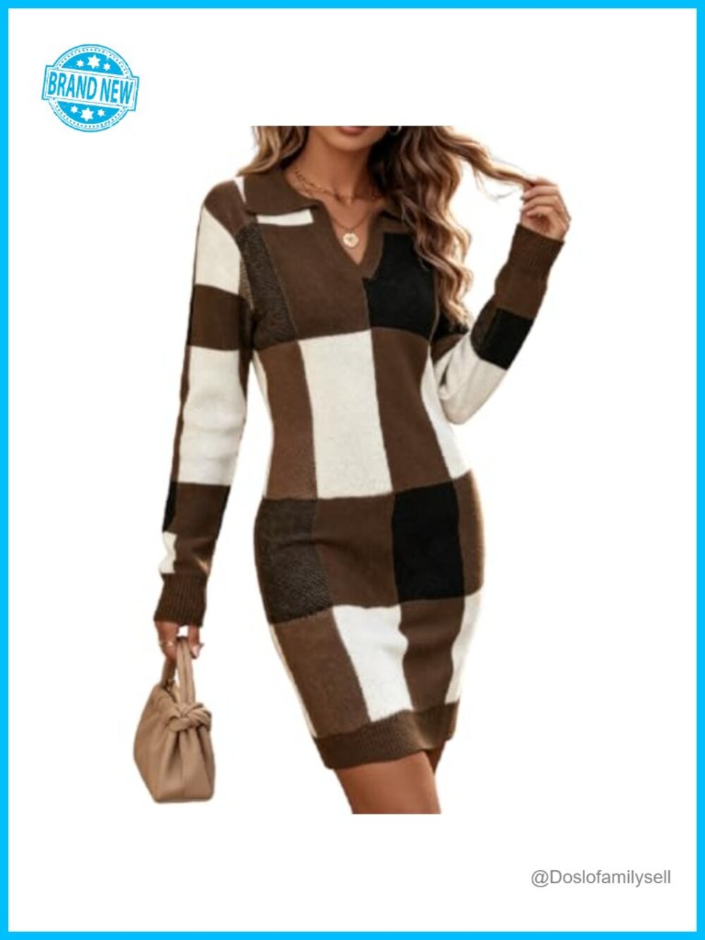 Plaid Sweater Dress Long Sleeve V-Neck Bodycon Knit Midi Casual Winter